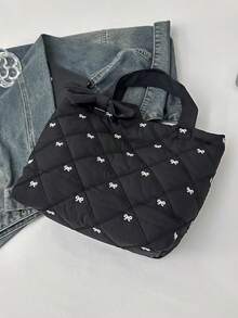 Large Capacity Tote Bag, Quilted For Autumn/Winter, Elegant Butterfly Embroidery New Shoulder Bag, Casual Outdoor & Commute Handbag, Cute Style For Women