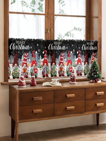 1 pieza Cortina decorativa de ventana de cocina con atmósfera navideña de muñeco de nieve, reno y árbol de Navidad, cortina translúcida pero no transparente, adecuada para sala de estar, dormitorio, entrada, ventana de cocina, reducción de ruido, cortina de decoración navideña