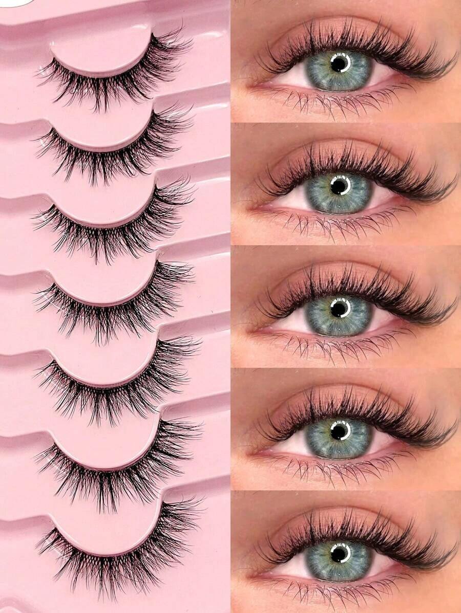 7 Pairs Natural Messy Cat Eye False Eyelashes, Transparent Band, Cat Eye Makeup Effect, Thin & Long, Extended Outer Corner, Soft & Natural Looking False Lashes - 貓眼假睫毛 2 - 查看 1