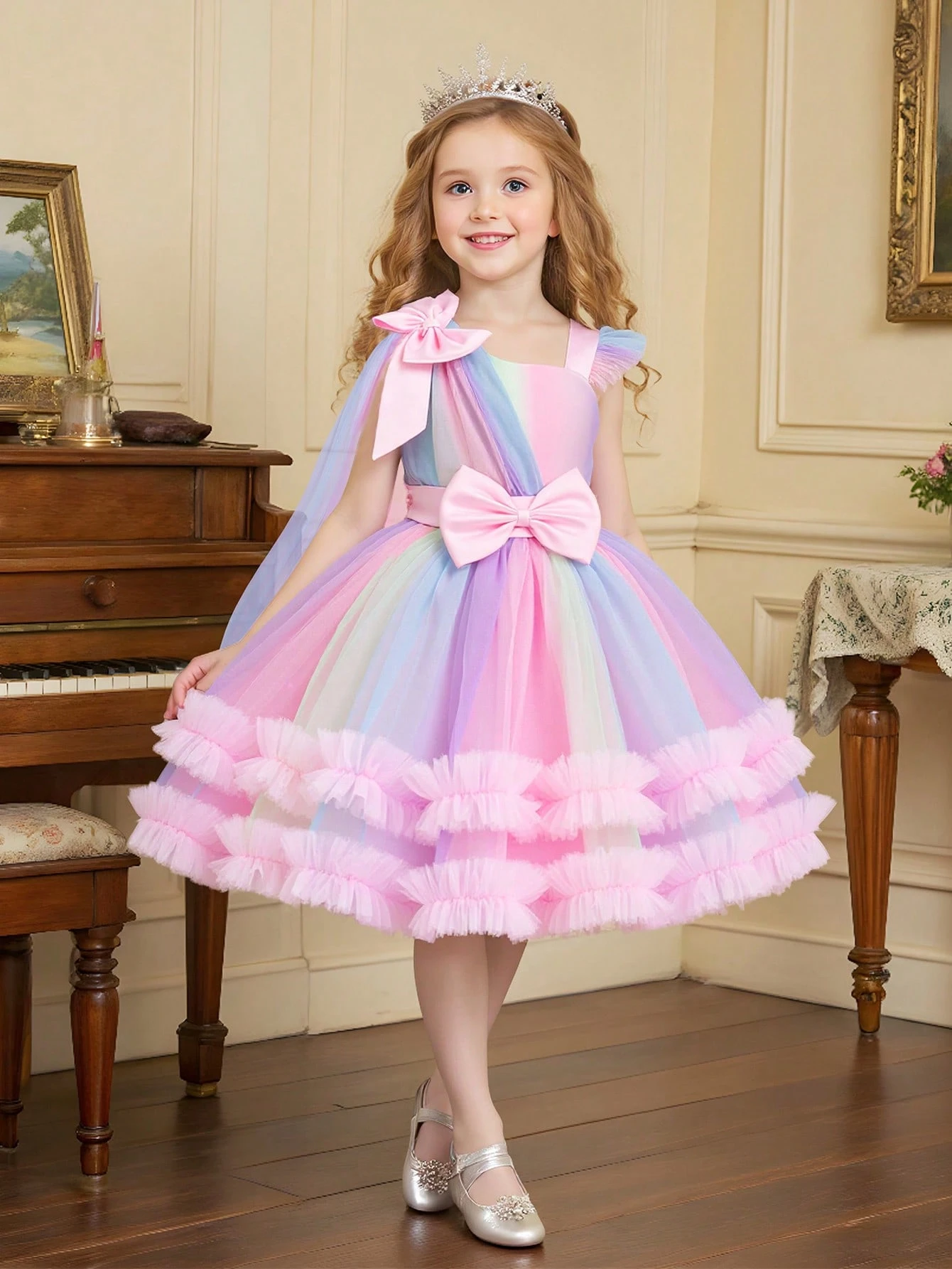 Girls Multilayer Cake Princess Dress, Little Girl Shawl Collar Pink Bow Midi