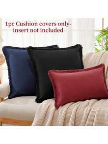 1pc Black (Without Pillow Insert) Tasseled Throw Pillow Cover, Farmhouse Style Soft Washed Fabric Decorative Cushion Cover With Fringe - Black - View 3