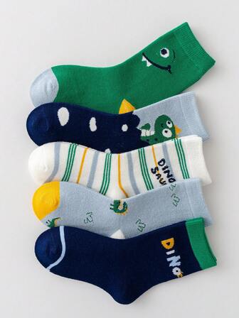 5 Pairs Boys' Cartoon Dinosaur Pattern Mid-Calf Socks, Cute Unisex Socks For Autumn/Winter