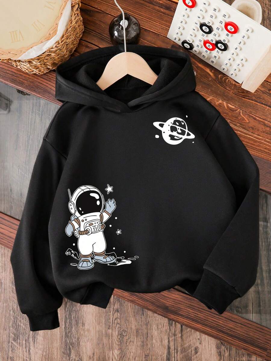 Young Boy Cartoon Pattern Warm Sweatshirt - Black - View 1