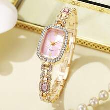1 件女士手表新款女士复古风格方形小表盘水钻镶嵌设计钢表带奢华手表非常适合日常佩戴、生日礼物、派对、节日聚会，也是送给自己或朋友的理想礼物 - 粉色 - 查看 9