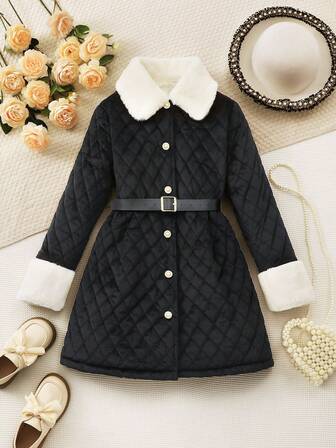 1pc Girls Rhombus Pattern Long Sleeve Velvet Midi Coat With Lapel, Elegant Pearl Button Waist Belt, Suitable For Parties And Holidays