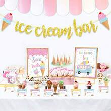 DIce Cream Bar Decor Kit Summer Ice Cream Sundae Bar Glitter Banner Ice Cream Table Sign Food Labels Tents Cup Tag Sticker For Ice Cream Theme Baby Bridal Shower Bday Wedding Graduation Party Plies10 - 粉紅白 - 查看 1