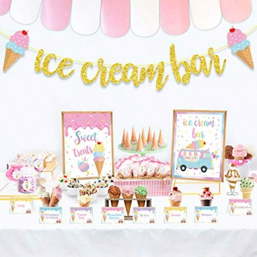 DIce Cream Bar Decor Kit Summer Ice Cream Sundae Bar Glitter Banner Ice Cream Table Sign Food Labels Tents Cup Tag Sticker For Ice Cream Theme Baby Bridal Shower Bday Wedding Graduation Party Plies10 - 粉紅白 - 查看 1
