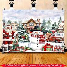 1pcFestive Santa And Snowman Winter Scene Backdrop, Merry Christmas Banner With Charming Santa Claus, Cheerful Snowman, Snow-Covered Houses, Pine Trees, And Red Truck With Gifts, Ideal For Holiday Parties, Winter Celebrations, Photo Booth Props, Event Decorations, And Home Decor.Christmas Decorations