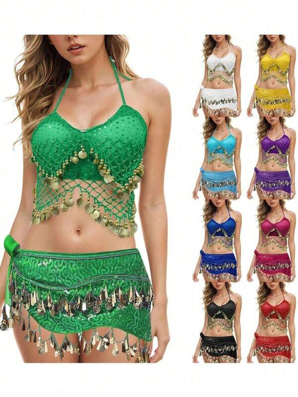 Women Halter Bra Tops Sequin Beads Tassel Lace-Up Belly Dance Crop Top Boho Festival Bellydance Performance Costume Dancewear