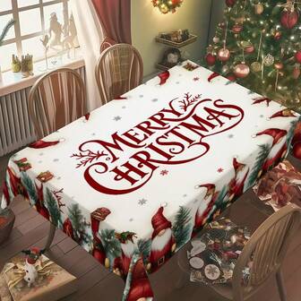 1 pieza Mantel con diseño de muñeco de nieve y trineo "Feliz Navidad", decoración de escena navideña, mantel de poliéster duradero adecuado para reuniones familiares diarias, sala de estar, comedor, eventos con temática navideña
