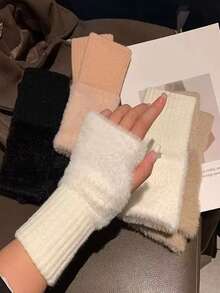 1/2/3/4 双女士纯色保暖针织露指手套，毛绒针织腕套，适用于触摸屏、办公室、学生写作、骑自行车、防冻 - 彩色 - 查看 3