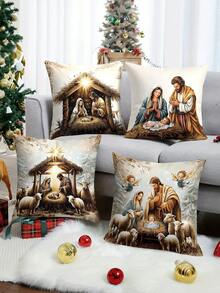 4 chiếc/1 vỏ gối Giáng sinh - Thiết kế cảnh tôn giáo của Chúa Jesus, Mary, Joseph và các thiên thần/cừu, 18x18 inch | Khóa kéo | Màu sắc tươi sáng và chất liệu polyester | Dùng cho phòng khách, trang trí phòng, ghế sofa và phòng ngủ (Không bao gồm ruột gối) Thích hợp để trang trí Giáng sinh, tiệc Giáng sinh, trang trí phòng ngủ, trang trí nhà cửa - Nhiều màu - Xem 10