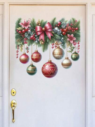 1pc Classic Christmas Door Sticker Bow Christmas Ball Wall Sticker Door Sticker Self Adhesive Living Room Sticker Bedroom Sticker Home Decor Room Decor Bedroom Decor Kitchen Decor Wall Decor Stickers