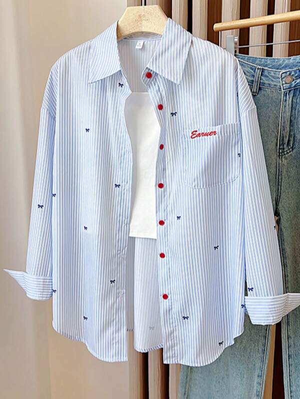 Elegant Ladies' Shirts With Blue Stripes And Bow Patterns, Long-Sleeved Shirts And Cardigans, Are The Most Popular Autumn Clothing For Women When Going Out. They Are Suitable For Home, Casual Travel Or Dates In Spring, Summer And Autumn
