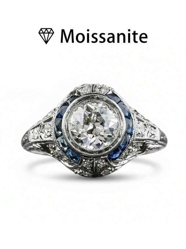 1 verighetă de damă, inel vintage rotund cu halo, margini albastre, argint sterlin S925 de 5,4 g, moissanit de 2 ct, stil palat boem, cadou de lux pentru logodnă/nuntă/aniversare/Ziua Îndrăgostiților, vine cu certificat de moissanit și cutie cadou elegantă.