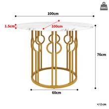 Round Dining Table (76cm), Kitchen Table, Round Coffee Table For 4 People, Suitable For Dining Room, Living Room, Metal Table Legs, MDF Marble Table Top, Gold Legs