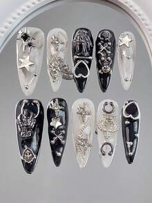 万圣节 10 件/套长杏仁形指甲贴，黑白扎染，金色金属星，新月，饰钉，蝴蝶，链条装饰，哥特朋克风格，适合角色扮演、派对、日常穿着，男女通用按压式指甲美甲用品