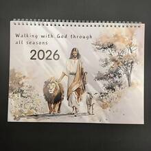 1pc 2026 Jesus Lion, 2026 New Calendar: Lion And Jesus, Classic Jesus Illustrations, Monthly Bible Verses - Multicolor - View 1