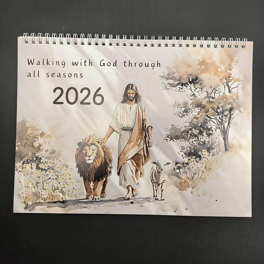 1pc 2026 Jesus Lion, 2026 New Calendar: Lion And Jesus, Classic Jesus Illustrations, Monthly Bible Verses - Multicolor - View 1