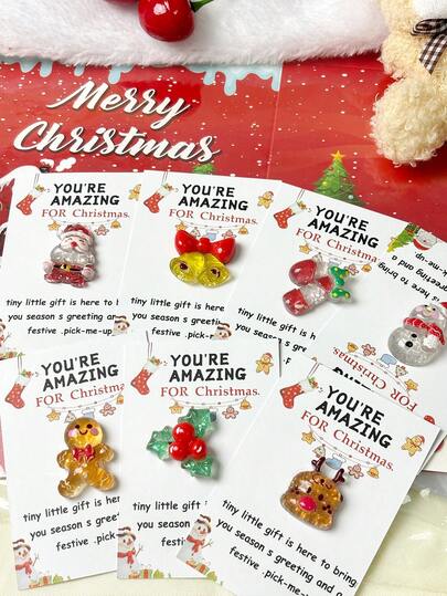 10pcs Mini Christmas Hug Cards With Resin Charms - Festive Encouragement Cards With Santa, Stocking, Gingerbread, Snowman, Reindeer - Party Style Emotional Gifts For Friends And Family