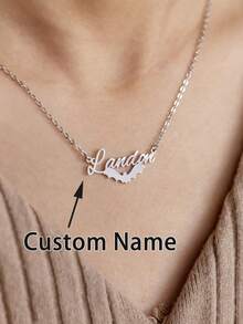 Personalized Name Necklace,Stainless Steel Bat Pendant Necklace,Customized Name Letter Necklace Halloween Jewelry Accessories,Holiday Halloween Decoration Celebration Gifts,Customized Halloween Gifts For Family And Friends - Silver - View 1