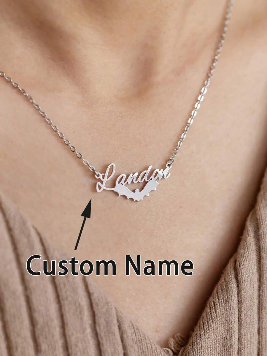 Personalized Name Necklace,Stainless Steel Bat Pendant Necklace,Customized Name Letter Necklace Halloween Jewelry Accessories,Holiday Halloween Decoration Celebration Gifts,Customized Halloween Gifts For Family And Friends - Silver - View 1