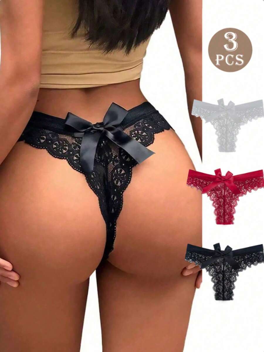 3 peças Tanga com Renda Sexy, Com Laço Grande, Lingerie Sensual Transparente e Avistável