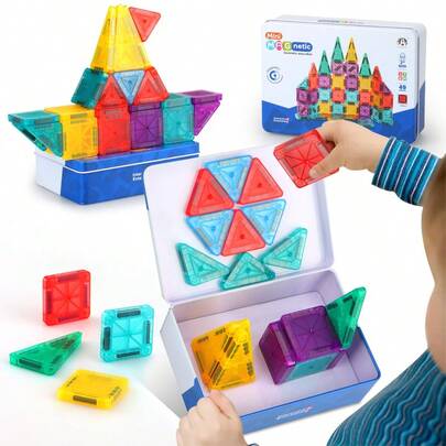 26pcs Magnetic Puzzle, Suitable For 4-8 Years Old Children, 56pcs Magnetic Building Blocks With Storage Iron Box Travel Construction Set, Educational Toys Birthday Gift For Boys And Girls 3+ Years Old