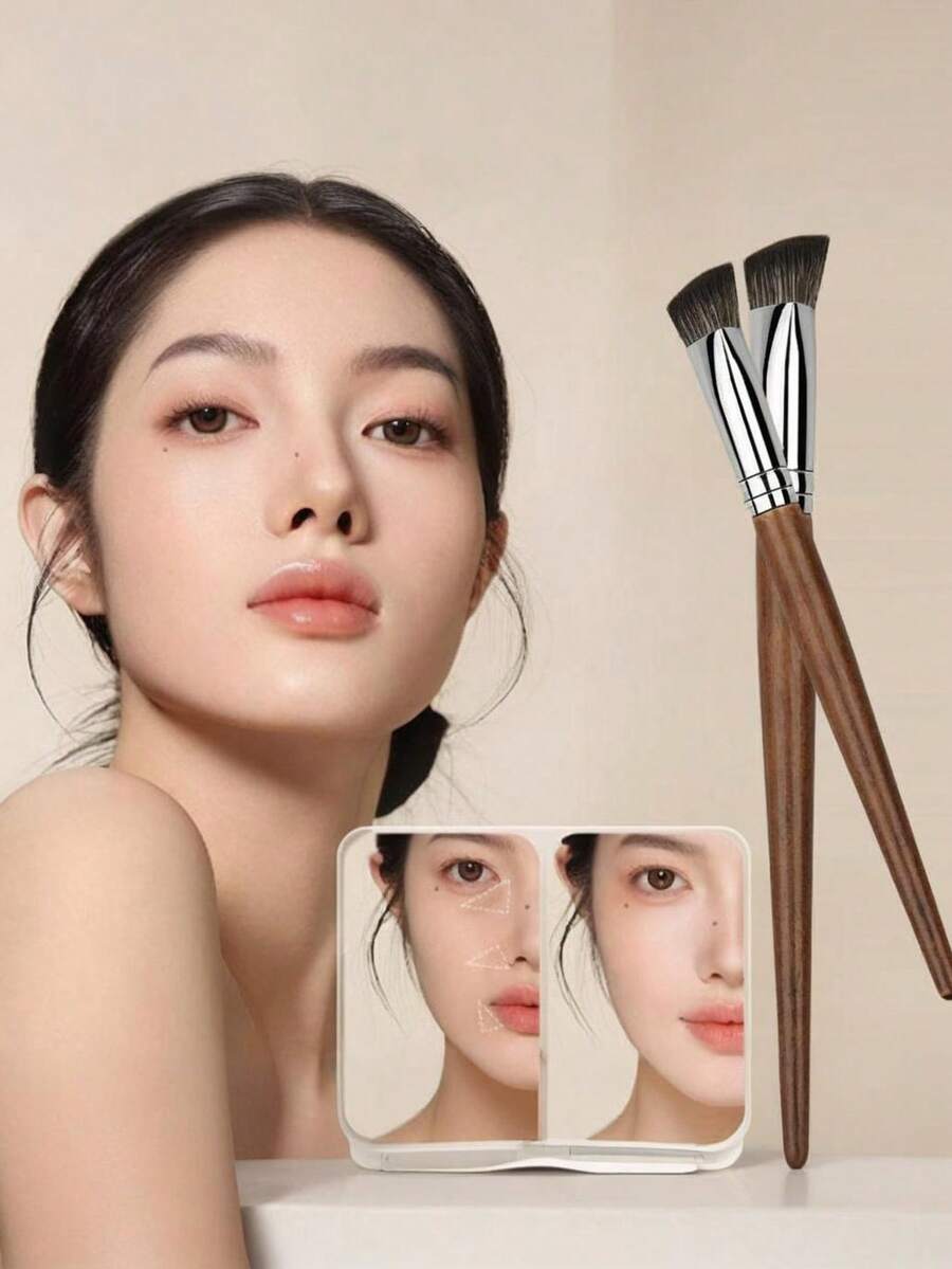 3 件套柔软化妆刷，木柄粉底刷，遮瑕刷，细节刷，BB 霜刷，底妆刷，便捷化妆刷套装 - 紅木色 - 查看 1