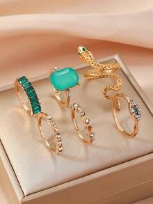Set de 6 anillos ajustables con forma de serpiente de cristal verde con estilo bohemio para mujeres