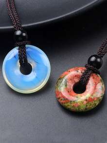 1 件/天然水晶玛瑙石和平吊坠项链，甜甜圈编织时尚吊坠项链，节日派对礼物 - 平安扣項鍊 - 查看 5