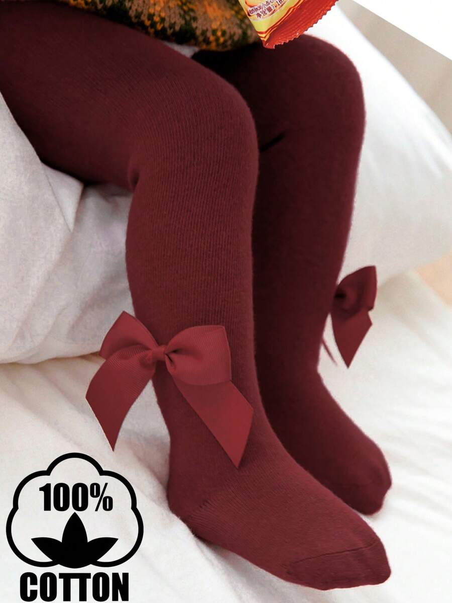 1 Pair Cotton Bow Decor Baby Tights, Infant Leggings - Red - View 1