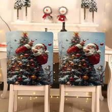 1pc/4pcs/6pcs/10pcs Christmas Santa Claus Printed Plush Chair Cover, Removable Short Plush Fabric Chair Slipcover With Snowflake & Bird Pattern, Suitable For Dining Room, Living Room, Office, Hotel And Home Decor