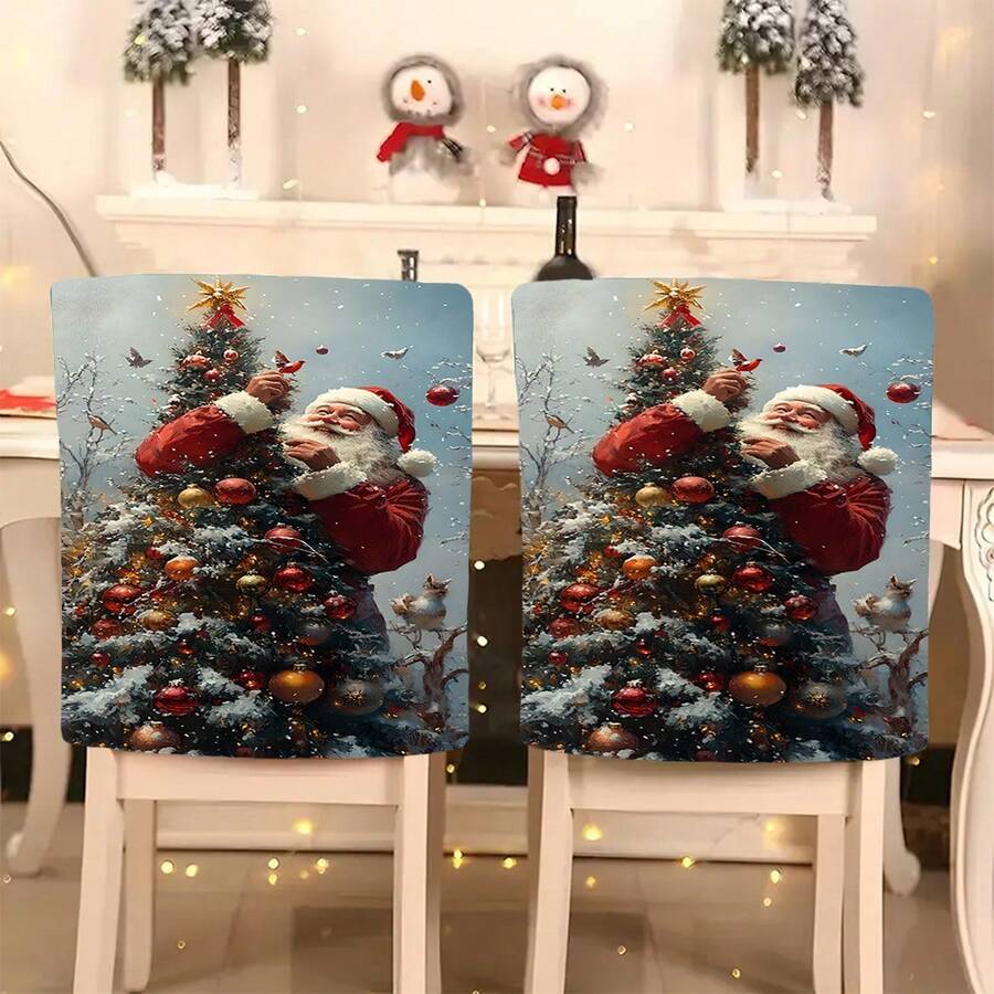 1pc/4pcs/6pcs/10pcs Christmas Santa Claus Printed Plush Chair Cover, Removable Short Plush Fabric Chair Slipcover With Snowflake & Bird Pattern, Suitable For Dining Room, Living Room, Office, Hotel And Home Decor