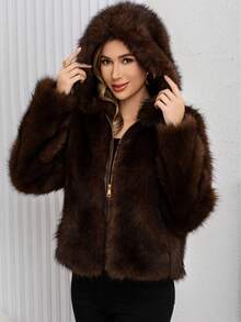 Women's Elegant Faux Fur Hooded Jacket, Warm Brown Long Sleeve Coat - Coffee Brown - View 4