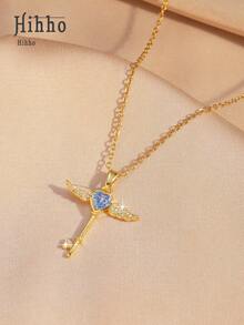 Hihho 1 件经典优雅女神天使翅膀十字架吊坠项链，女士装饰礼物 - 金色 - 查看 3