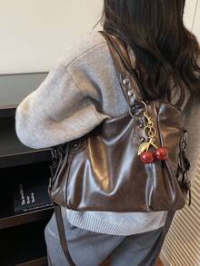 This Classic And Fashionable New Multi-Functional Solid Color Shoulder Bag Is Designed With A Large Capacity Vintage PU Material, Decorated With A Cherry Pendant, And Equipped With A Zipper, Making It An Ideal Choice For Women's Commuter Bags. It Is Very Suitable For Shopping, Travel And Commuting And Other Occasions. , Office Bag
