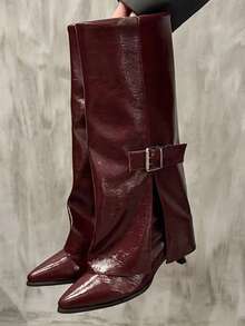 Botas de Couro com Tira Decorativa para Mulheres, Botas Cano Médio, Outono, Estilo Ocidental de Moda Outono/Inverno, Bico Fino, Salto Fino, Eixo Brilhante de PU Vermelho Angora, Botas de Vestir