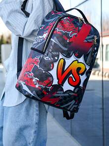 1 pieza Mochila universitaria casual con graffiti, de gran capacidad, con estampado de dibujos animados, estampado de moda casual, estampado de letras, estampado de graffiti, bolso para hombres, adecuado para vacaciones, deportes, viajes, vintage, puede contener archivos, portátil, uso en el gimnasio