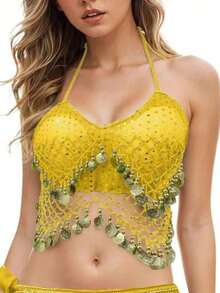 Áo croptop buộc dây tua rua đính sequin dành cho nữ, trang phục múa bụng phong cách Bohemian để biểu diễn. - Nhiều màu - Xem 19