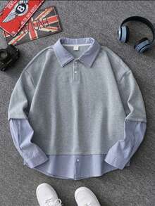 Camisa polo de hombre con parches a rayas, adecuada para primavera y otoño - Gris Claro - Ver 1