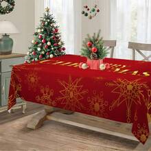 1pc Christmas Red & Gold Snowflake Letter Rectangular Tablecloth, Holiday Dining Table Decor, Suitable For Family Gatherings, Living Room, Dining Room, Christmas Themed Events, Durable Polyester Fabric