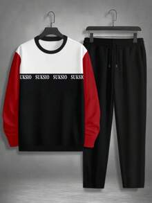 Men's Two-Piece Set, Featuring A Black And Red Color Block Design With Letter Digital Print, Round Neck Long Sleeve Top And Pure Black Casual Sports Trousers; Men's Long Sleeve Long Pants Warm Casual Sports Set; Regular Fit With High-Quality Soft And Comfortable Fabric. ...