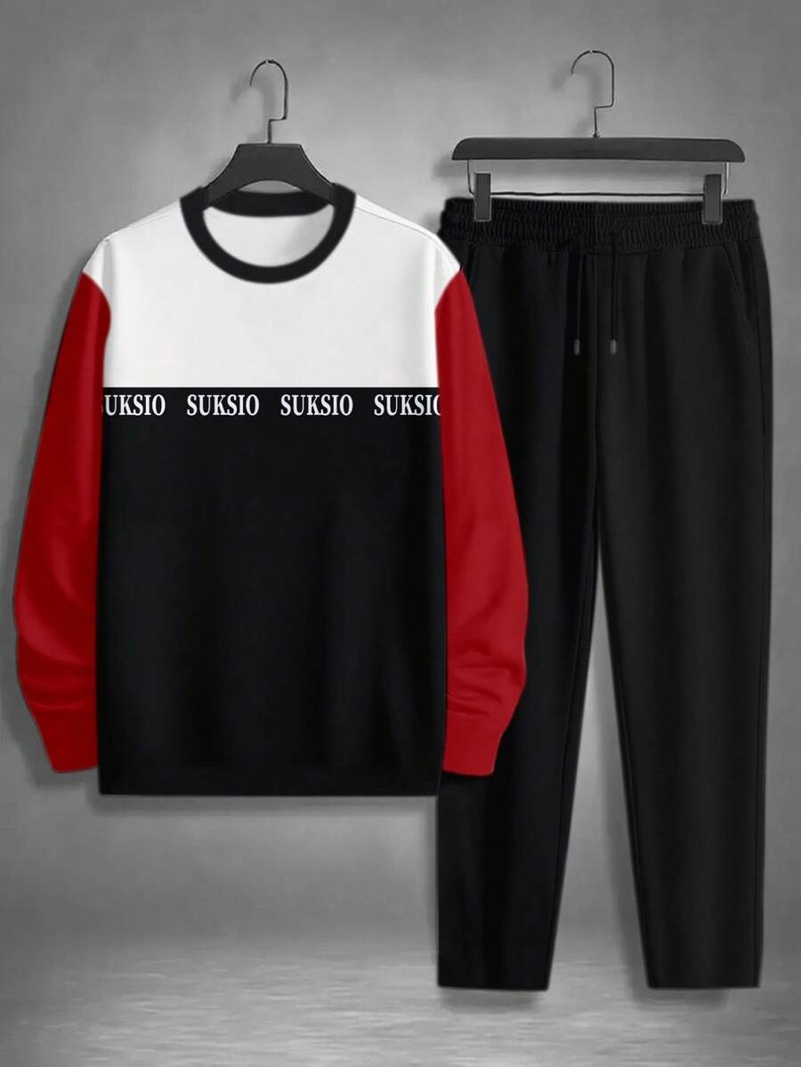 Men's Two-Piece Set, Featuring A Black And Red Color Block Design With Letter Digital Print, Round Neck Long Sleeve Top And Pure Black Casual Sports Trousers; Men's Long Sleeve Long Pants Warm Casual Sports Set; Regular Fit With High-Quality Soft And Comfortable Fabric. ...