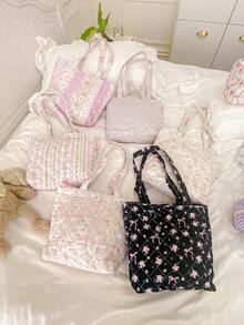 1 pièce Sac à main matelassé à motif floral, sac à bandoulière de voyage, sac fourre-tout à nœud et motif floral, sac de voyage à la mode, sac de courses, sac d'école, sac à déjeuner, grande capacité, sac de rangement pour aliments et fruits, boîte à déjeuner, pochette à bento, sac non isolant pour dîner, joli sac à déjeuner