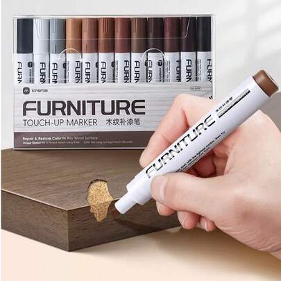 12 支装木纹补漆笔、家具补色笔、划痕补漆笔、外露白色边缘密封修复、木制家具修补笔、木制品和地板修复材料