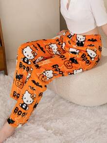 Sanrio 1pc Sanrio Hello Kitty Flannel Fluffy Pajama Pants - Cozy Fleece Lining, Warm Halloween Print, Black & Orange Cartoon Design, Suitable For Men & Women, Autumn/Winter Sleepwear, Great As Study Reward, Holiday Or Birthday Gift