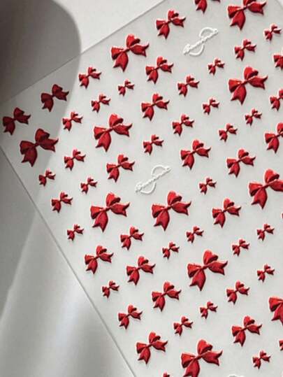 5D红色苹果蝴蝶结美甲贴纸，优雅圣诞美甲贴花，简约又不失节日气氛的美甲用品