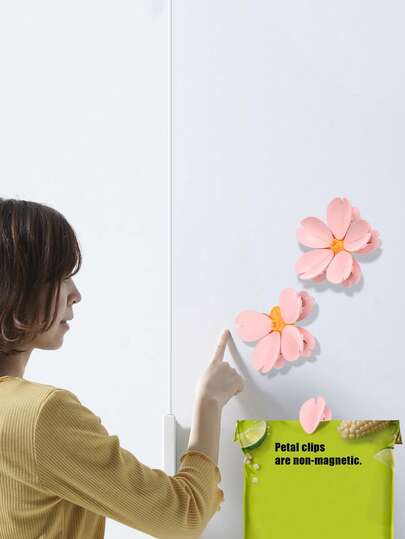 5pcs/Set Cherry Blossom Shaped Food Clips With Magnetic Fridge Sticker, Cute Petal Snack Sealing Clips, Kitchen Refrigerator Decor Clips, Moisture-Proof Snack Organizer