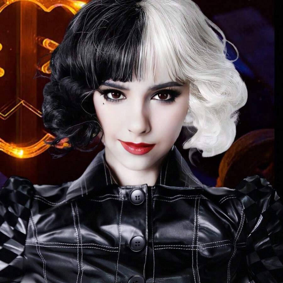 1 件女士时尚黑白阴阳卷发假发，中长，适合角色扮演，女性邪恶角色扮演假发 - 彩色 - 查看 1